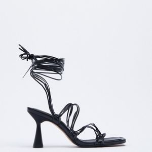 Zara Leather Wrap Around Tied Black Heels Sandals